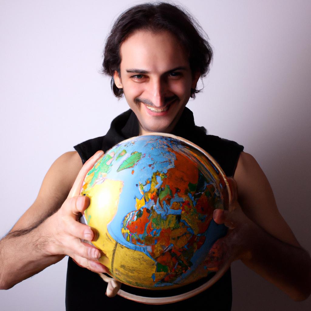 Person holding a globe, smiling